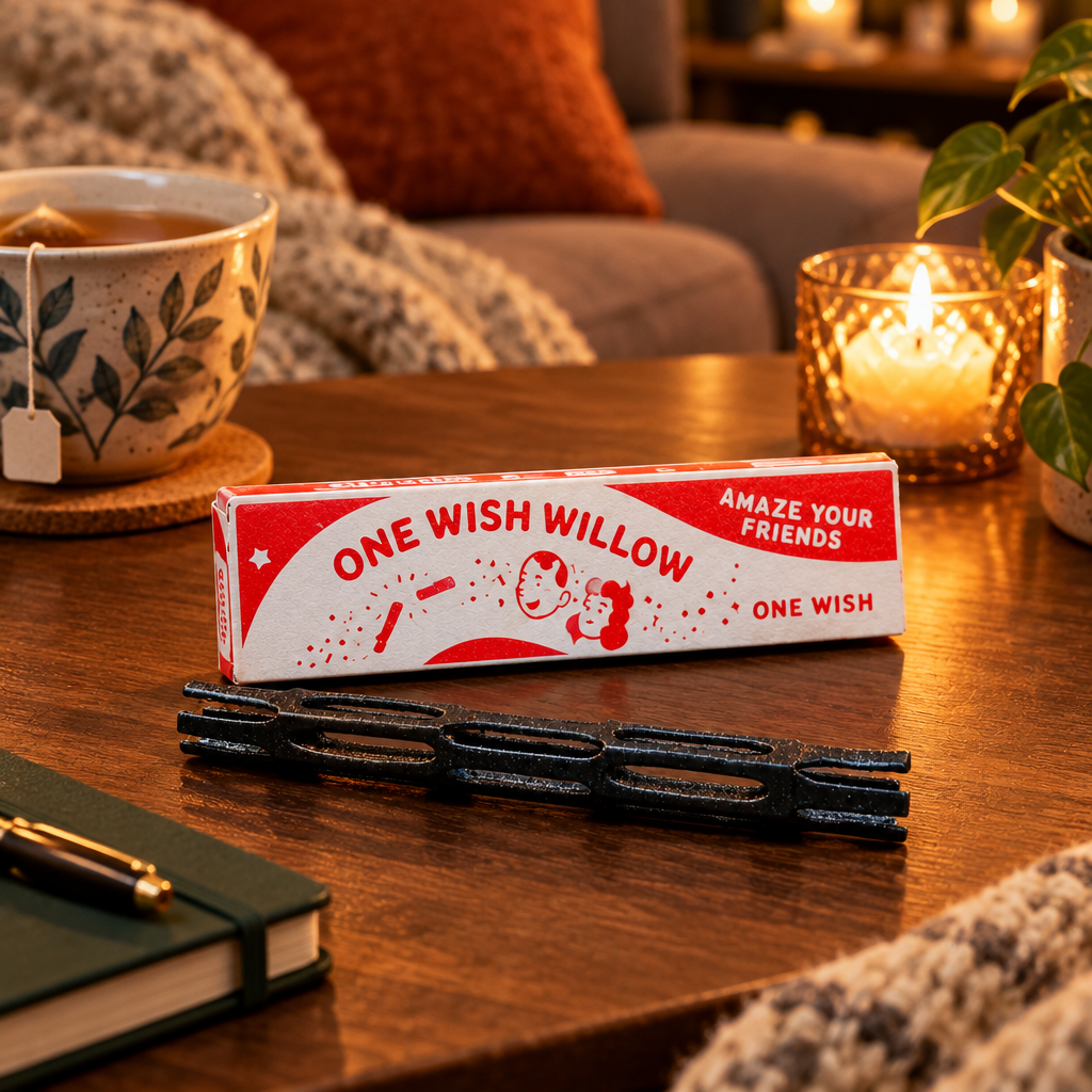 One Wish Willow black stick and presentation box on a cosy coffee table