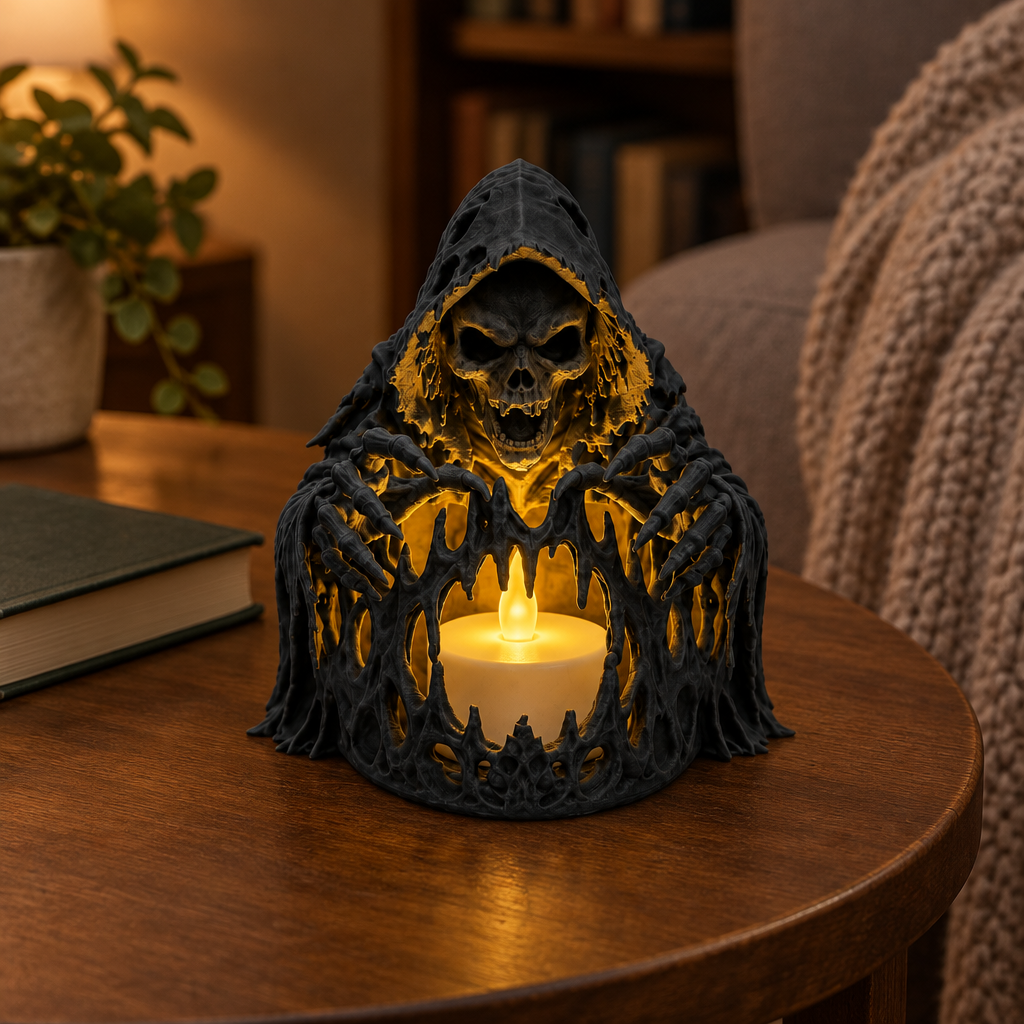 Black skeleton tealight holder glowing on a wooden side table in a cosy reading nook