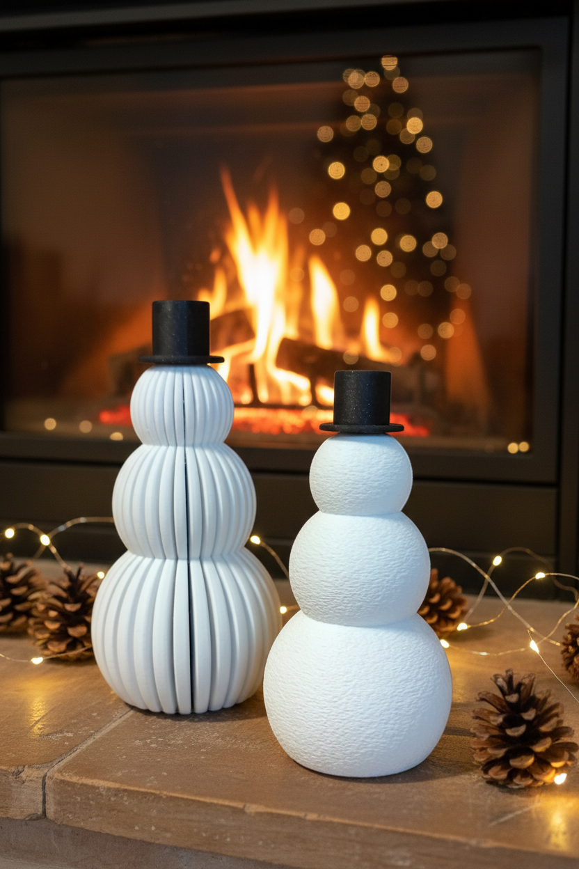 Two snowmen on rustic mantelpiece beside fireplace with fairy lights