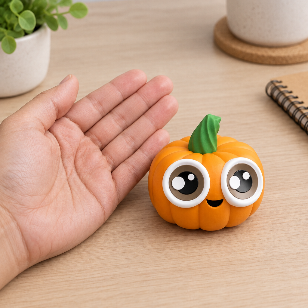 Small pumpkin figure shown beside an adult hand for scale