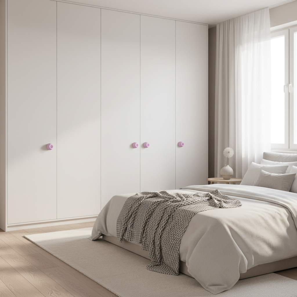 Taper handle on white Scandi wardrobe