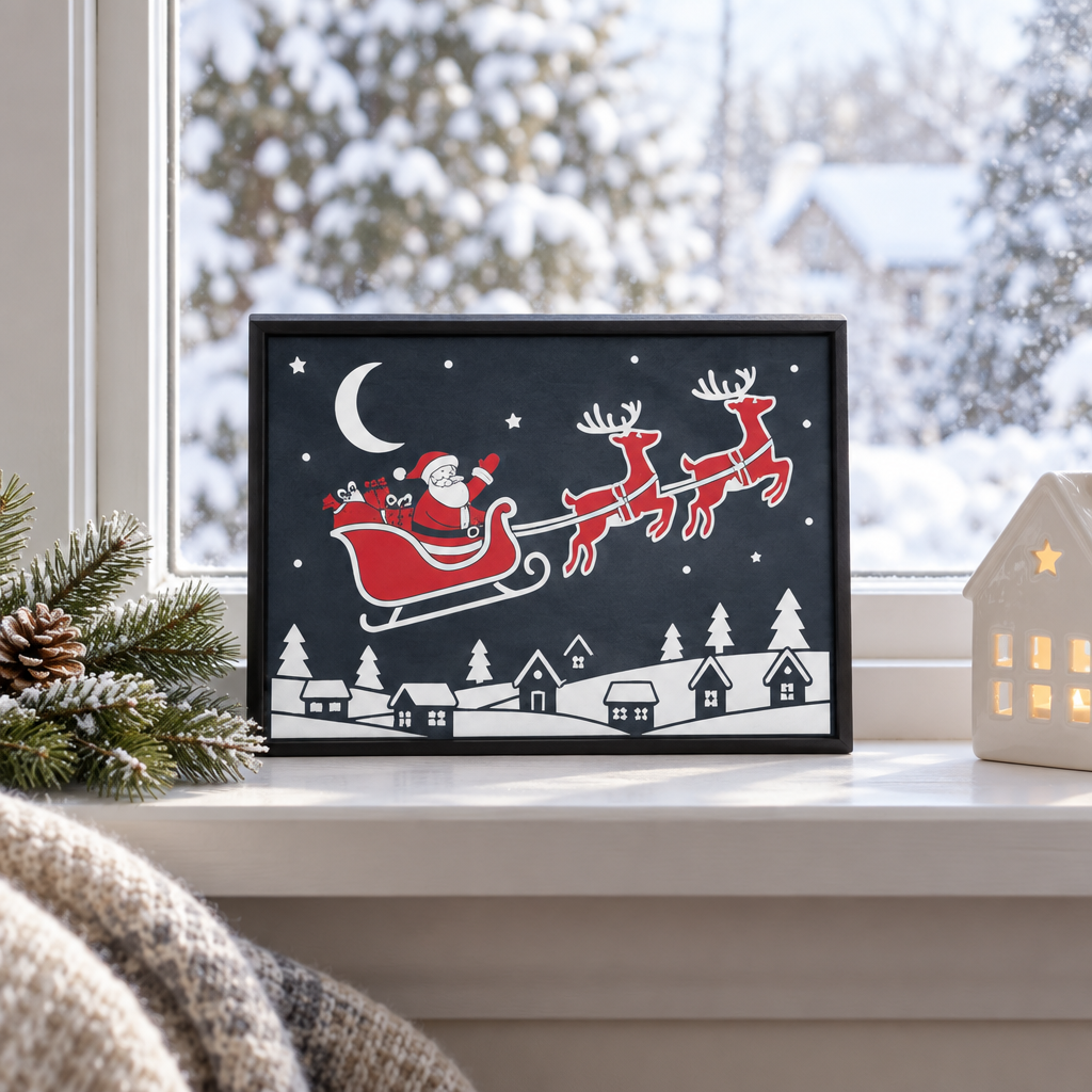 Black-framed Santa on Sleigh Christmas picture displayed on a walnut sideboard