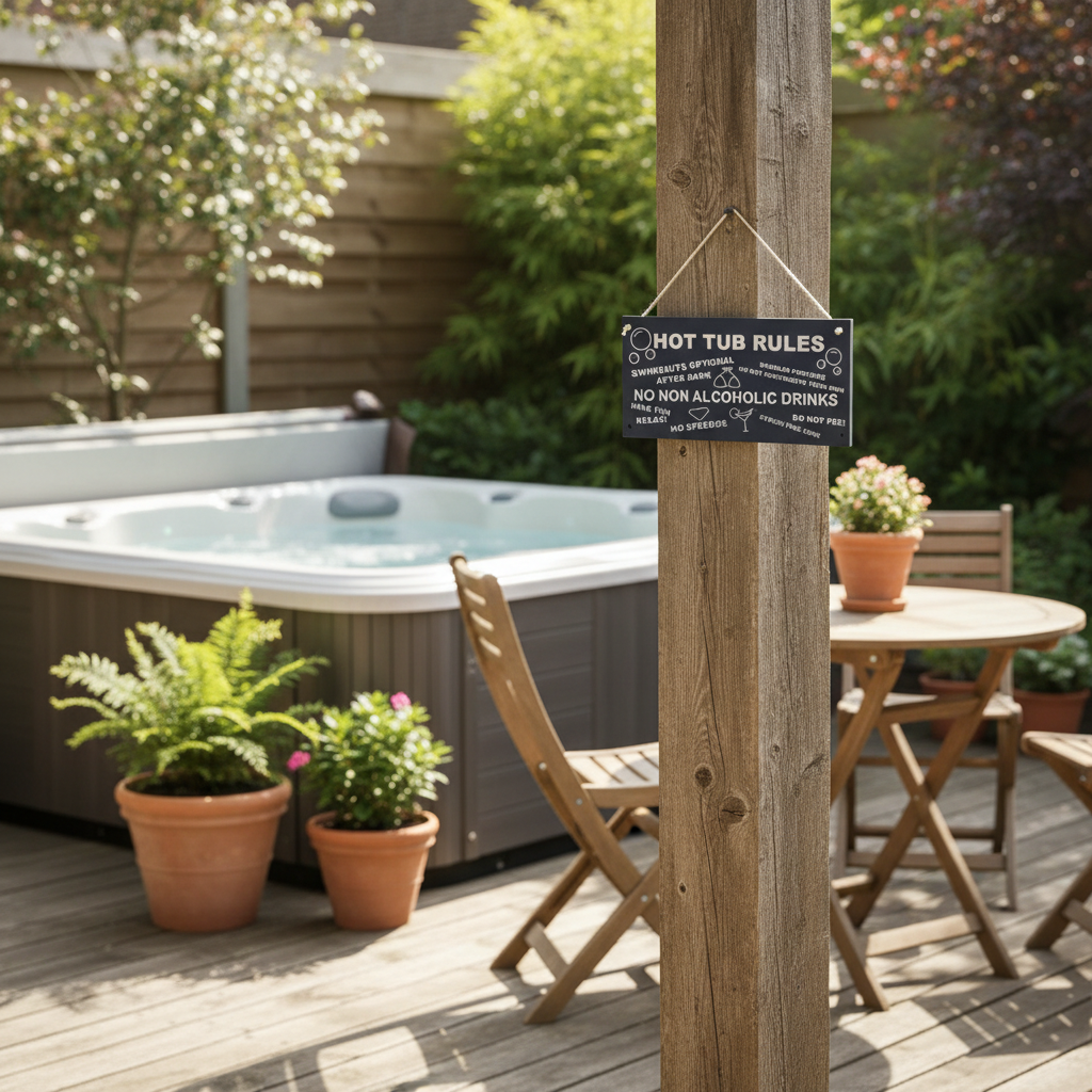 Hot Tub Rules Sign shown at realistic scale on a rustic hot tub deck
