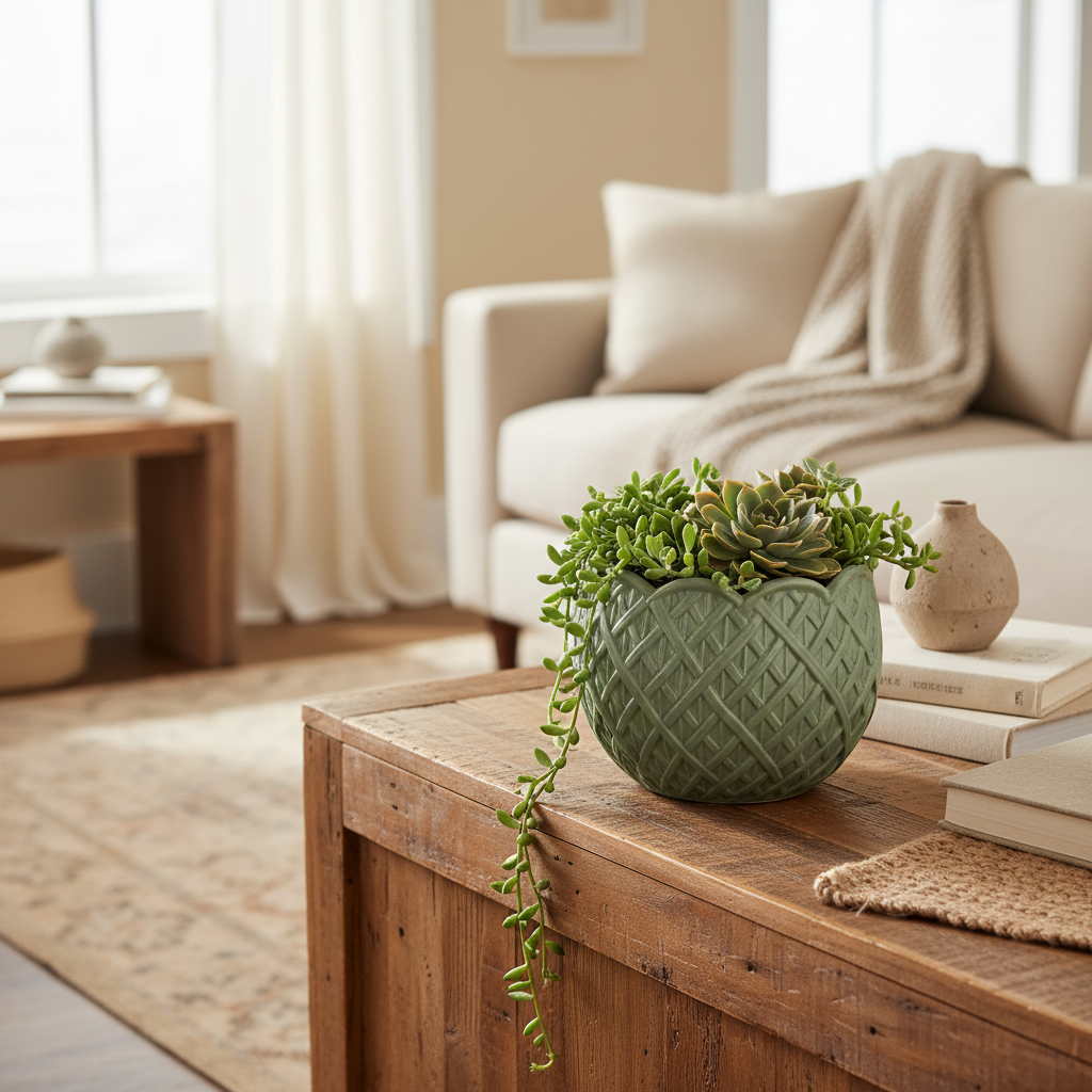 Rattan Retro Bloom Planter in sage green — rustic sideboard lifestyle