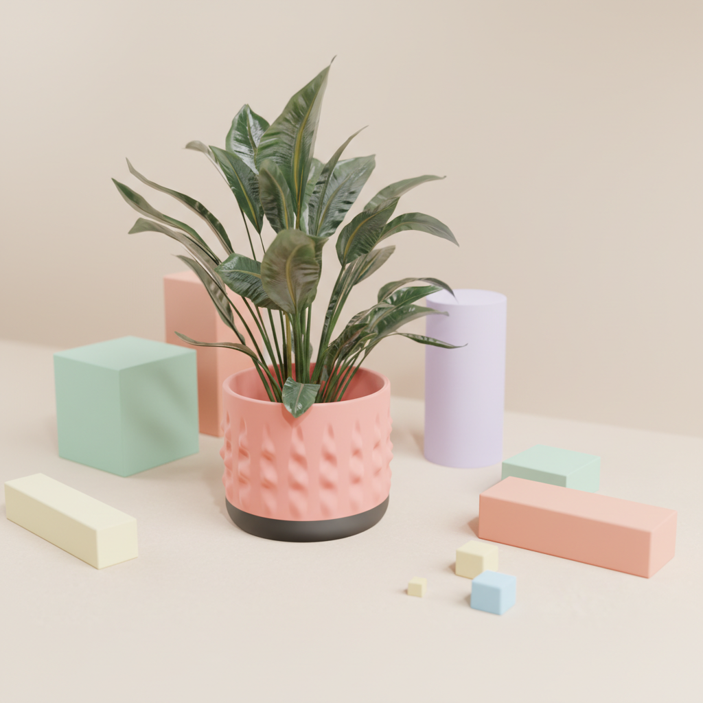 Modern Organic Textured Planter salmon pink with dark base held in one hand from below dark black background fine art render