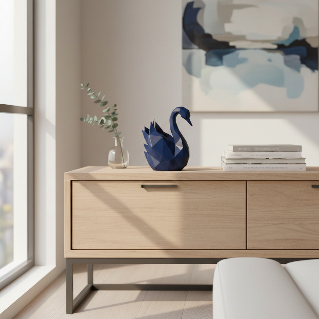 Navy blue low-poly swan sculpture on light oak coffee table in bright minimal living room