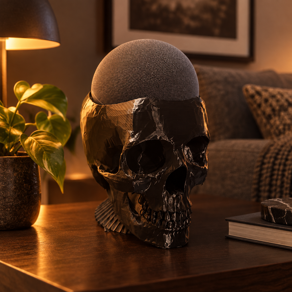 Large glossy black skull with a grey smart speaker as the dome on a warm wooden side table with a plant and lamp