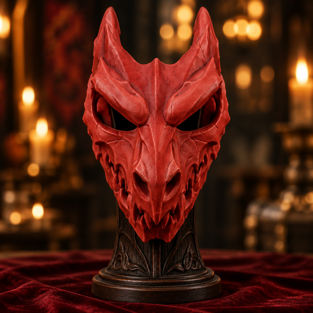 Crimson full-face Dragon Skull mask on display at a fantasy costume event, strap not included