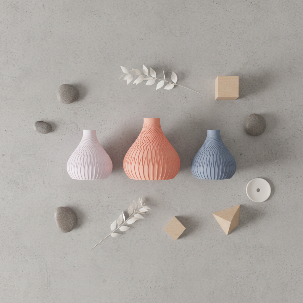 Three Textured Gourd Vases white salmon pink grey blue floating surrounded by geometric shapes spheres cubes warm teal gradient background