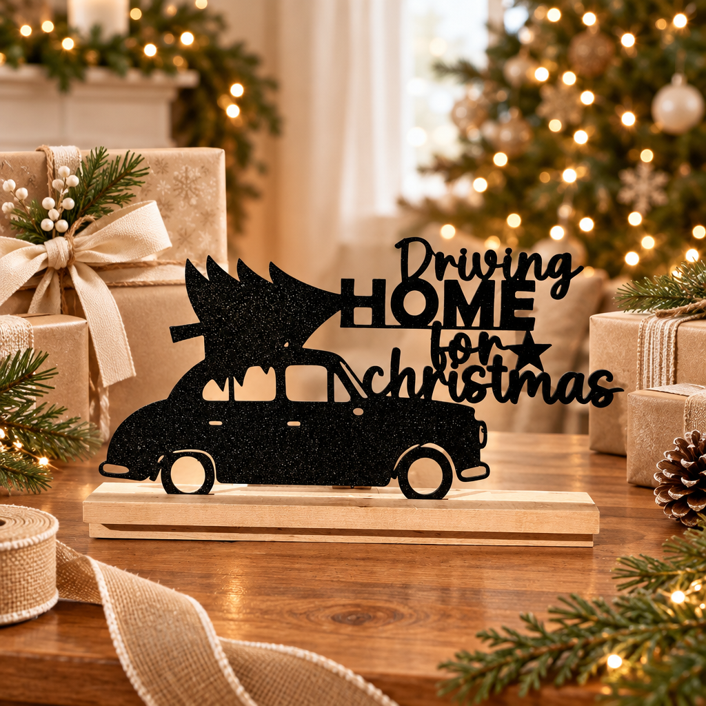 Driving Home for Christmas Sign displayed beside wrapped holiday gifts