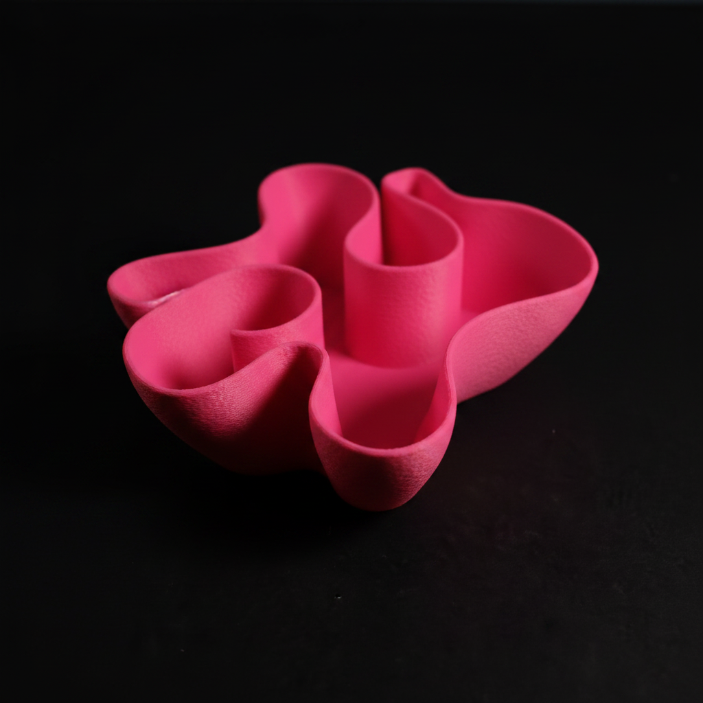 Fabric Ripple Bowl warm pink matte extreme macro close up sweeping fabric-fold lobe edges deeply sculpted interior compartment shadows pure black studio background soft directional raking light precise organic sculptural detail square editorial