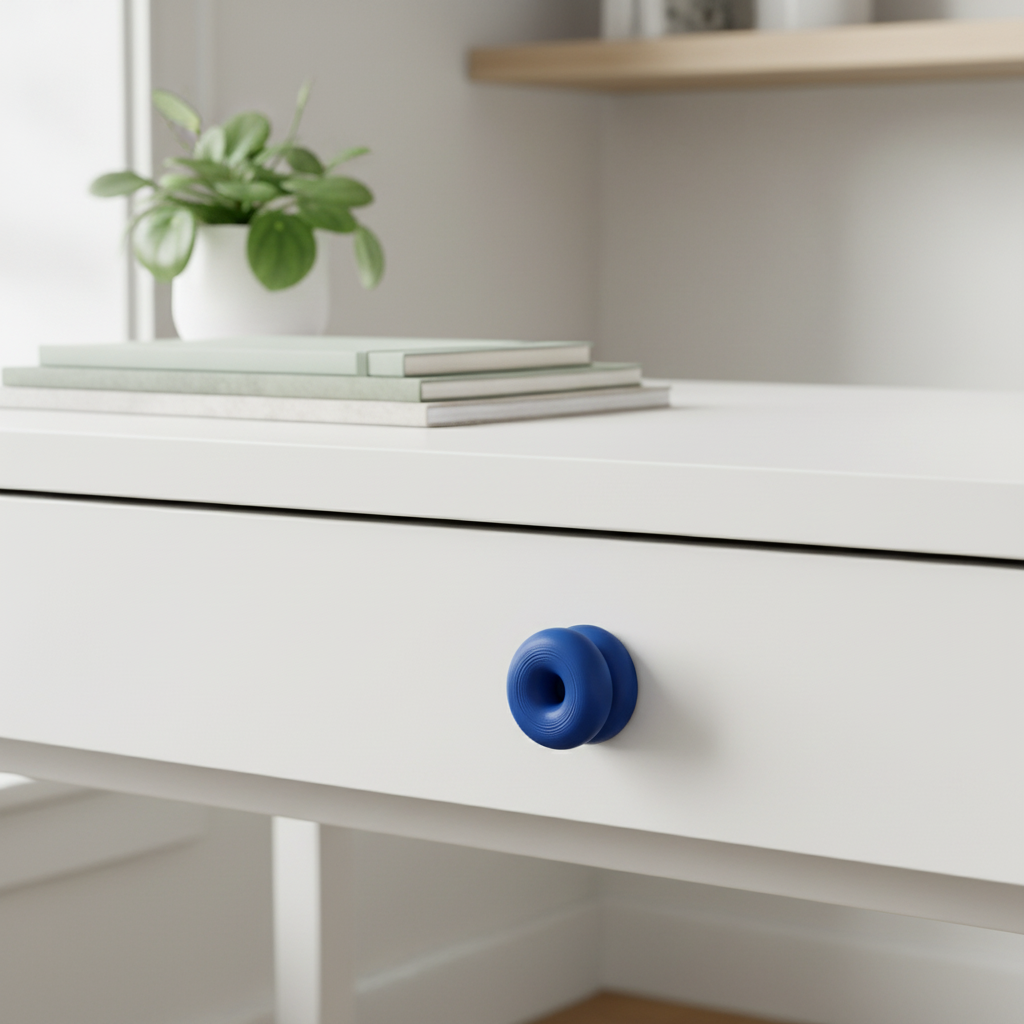 Double Donut knob blue on white office drawer