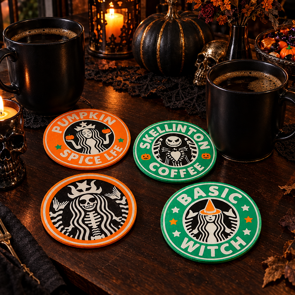 Four fully painted orange, green, black and white Halloween coasters on a gothic dining table