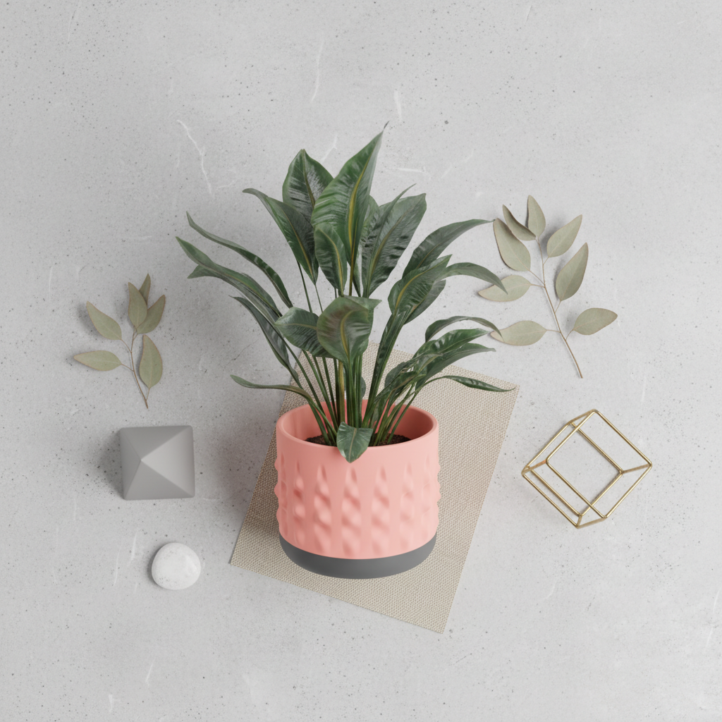 Modern Organic Textured Planter salmon pink with dark base floating surrounded by spheres cubes teal blue gradient background render