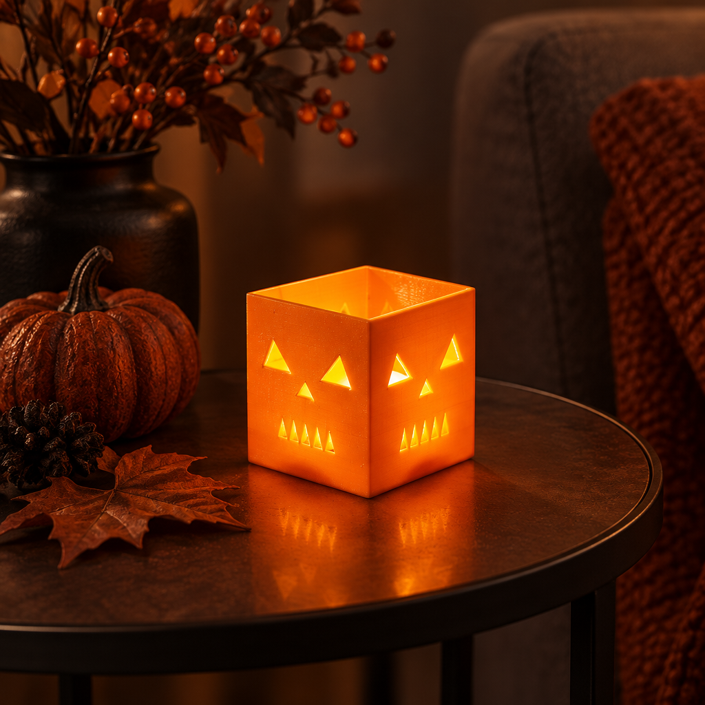 Orange cube pumpkin holder as seasonal table decor with a flameless LED tealight