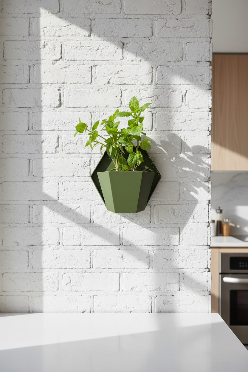 Geometric wall planter with basil on a white kitchen brick wall