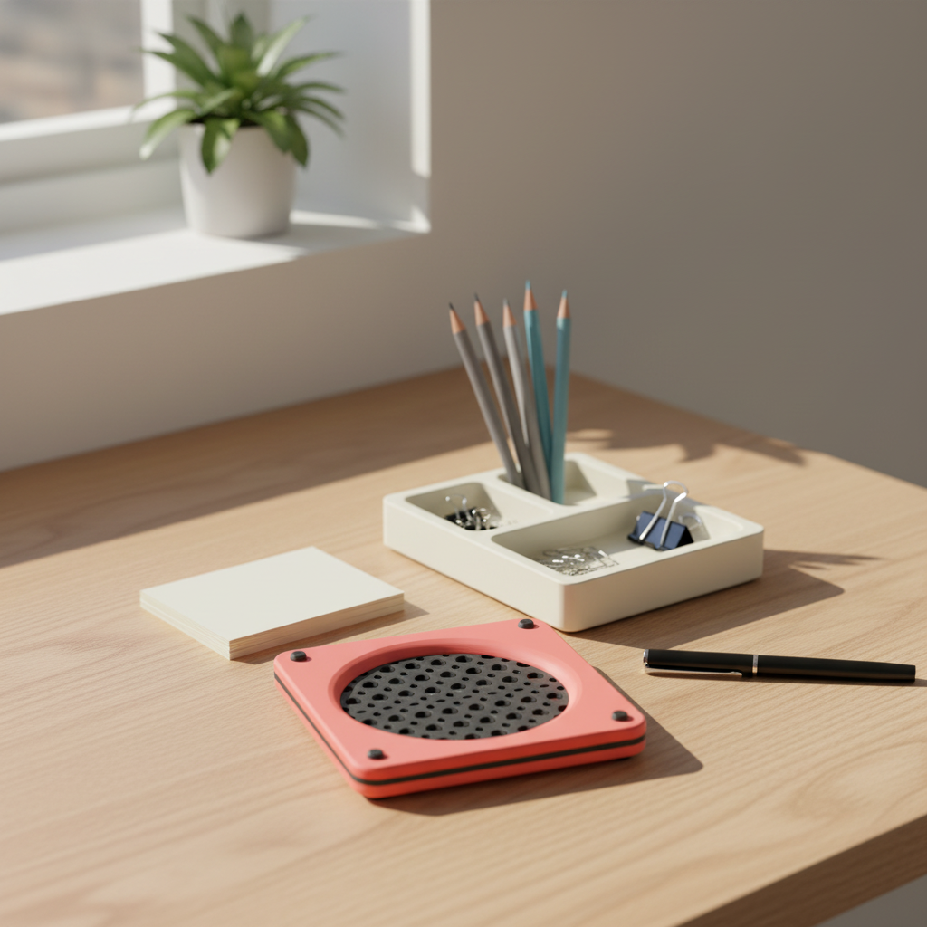 Cream desk tray on oak desk with stationery - lifestyle