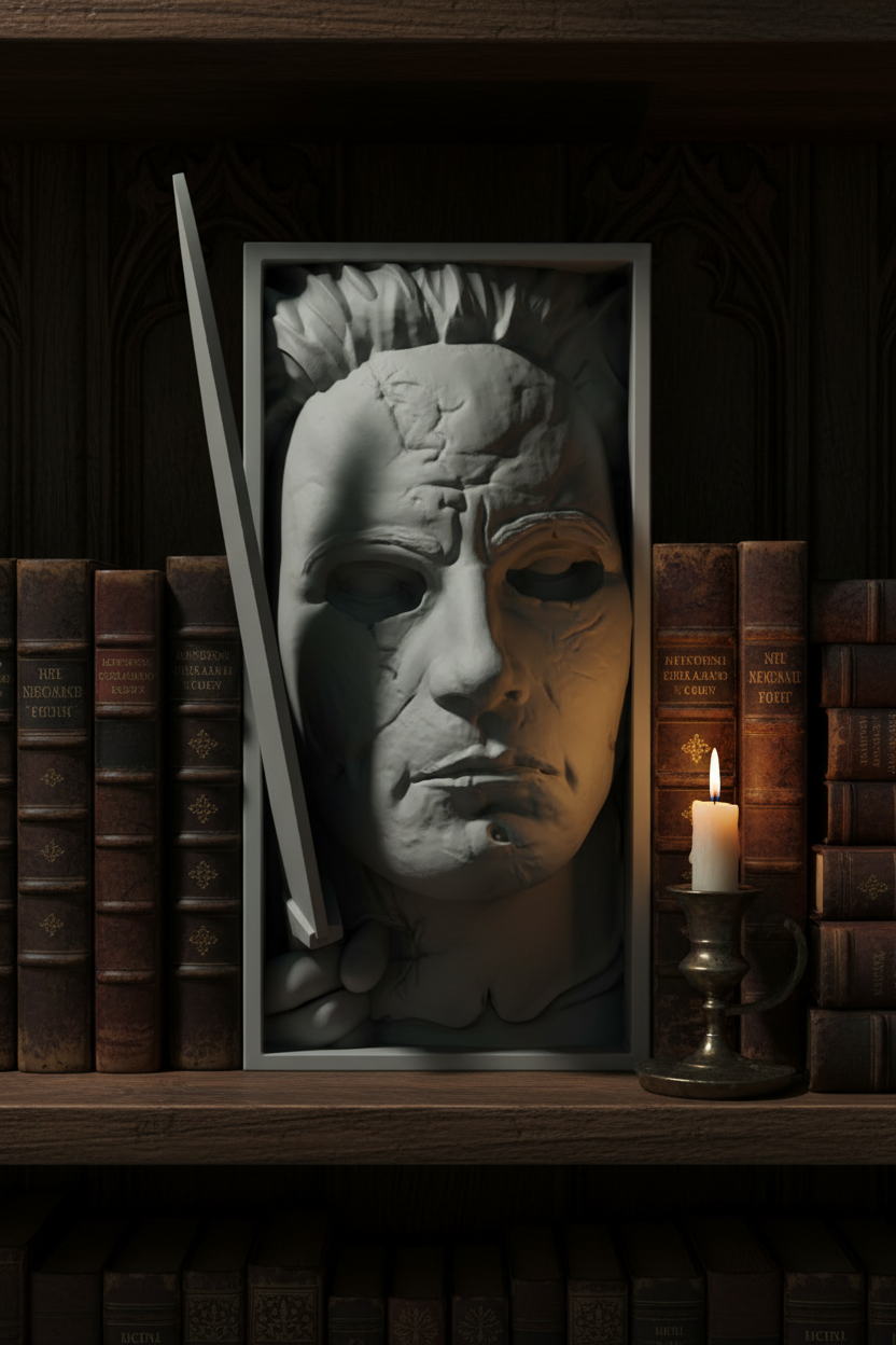 Jason Voorhees book nook relief sculpture grey framed box dark gothic library shelf antique hardcover books single candle raking side light long shadows pale cracked mask face eerie atmospheric portrait