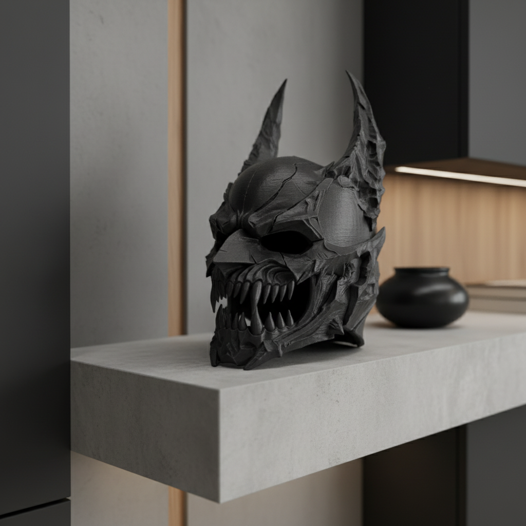 Deep charcoal Demon Skull Helmet Sculpture displayed on a minimalist concrete shelf