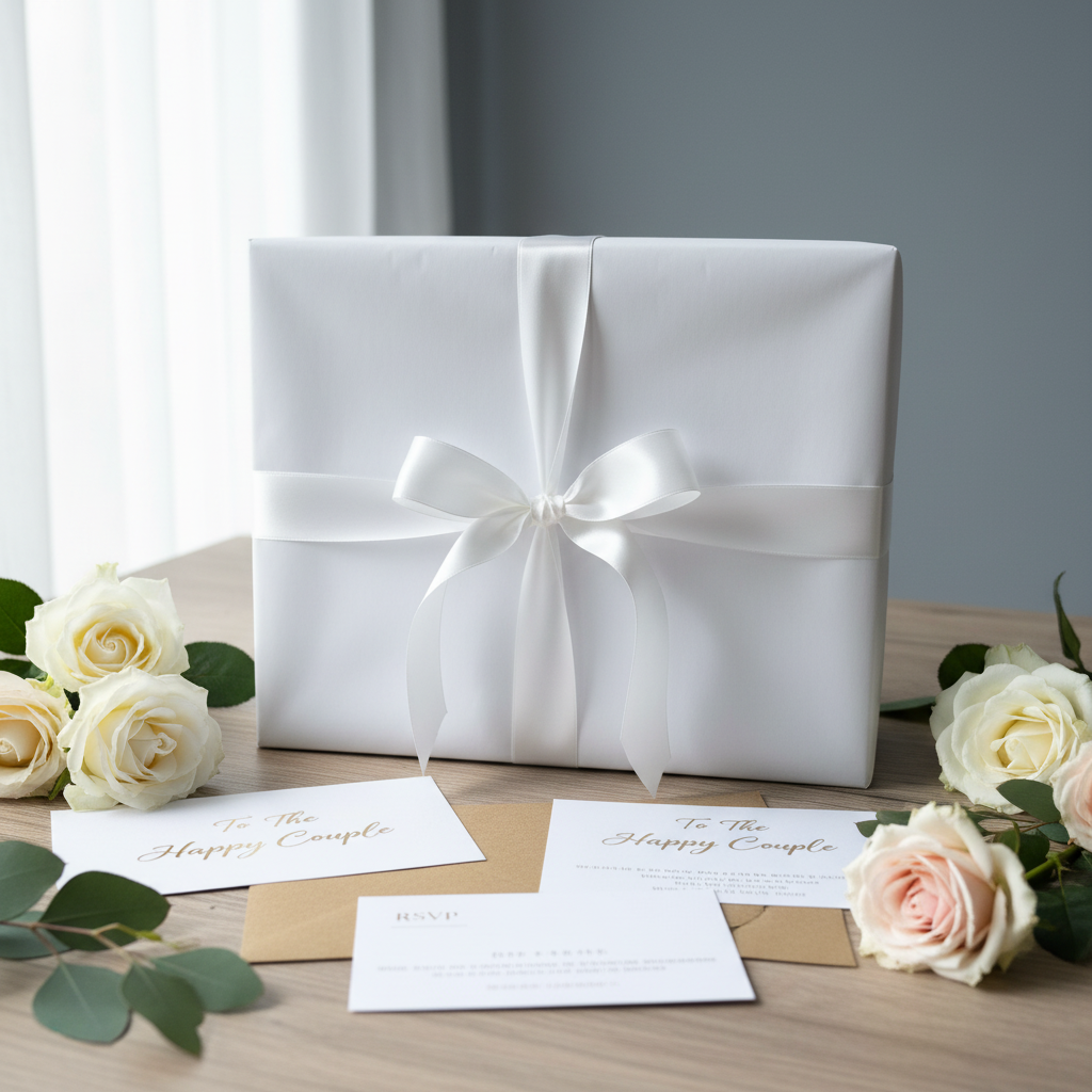 Wedding Shadow Box presented as a wrapped gift with white ribbon on a table with wedding stationery