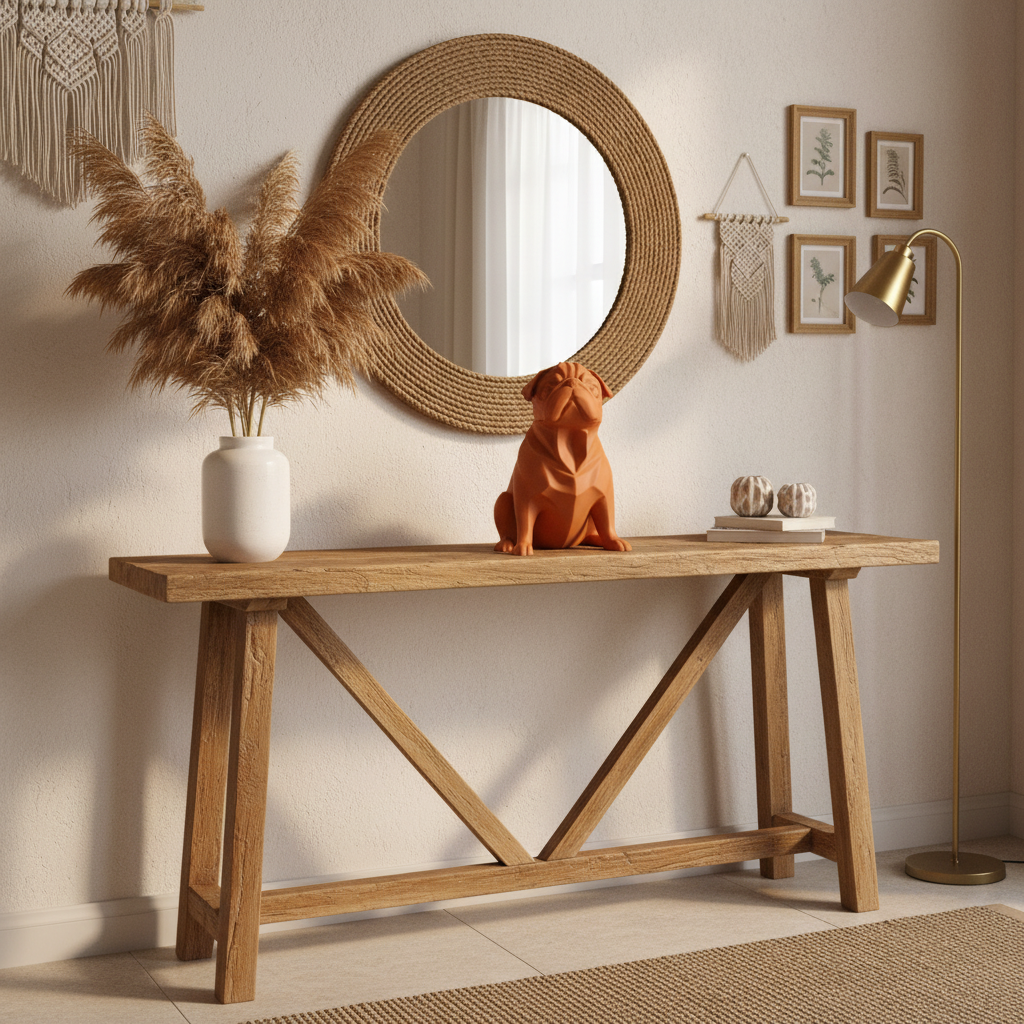 Terracotta orange Chubby Pug Sculpture on a rustic wooden console table with dried pampas grass