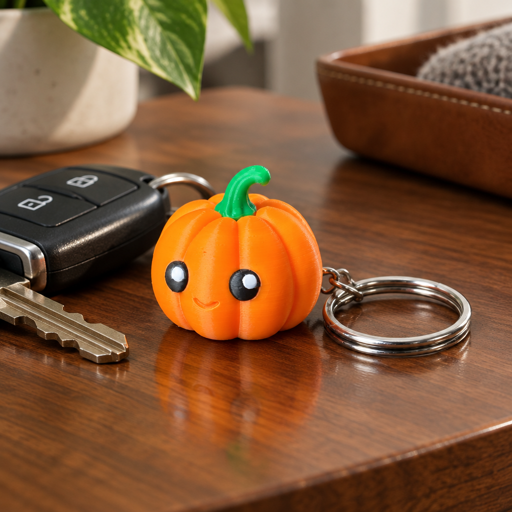 Pumpkin keychain clicker beside car keys