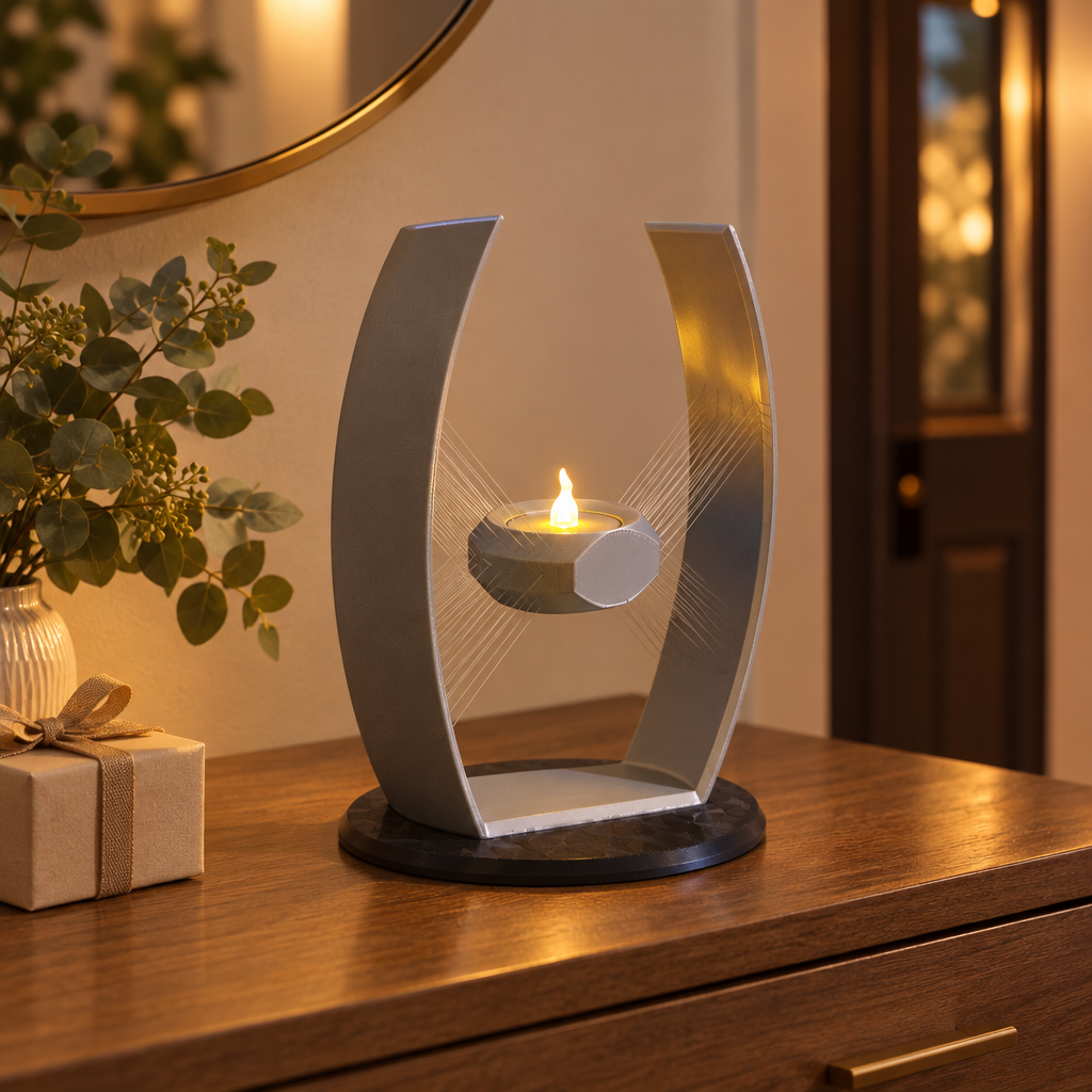 Sculptural tealight holder displayed on an entryway console