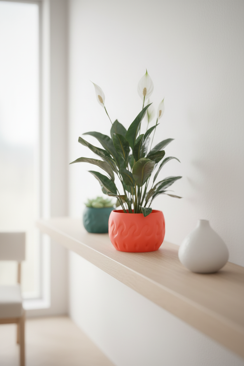Modern Textured Planter Pot warm coral red matte rounded bowl organic flame-dent impressions compact peace lily pale oak shelf bright Japandi minimal living room small ceramic object soft morning window light portrait