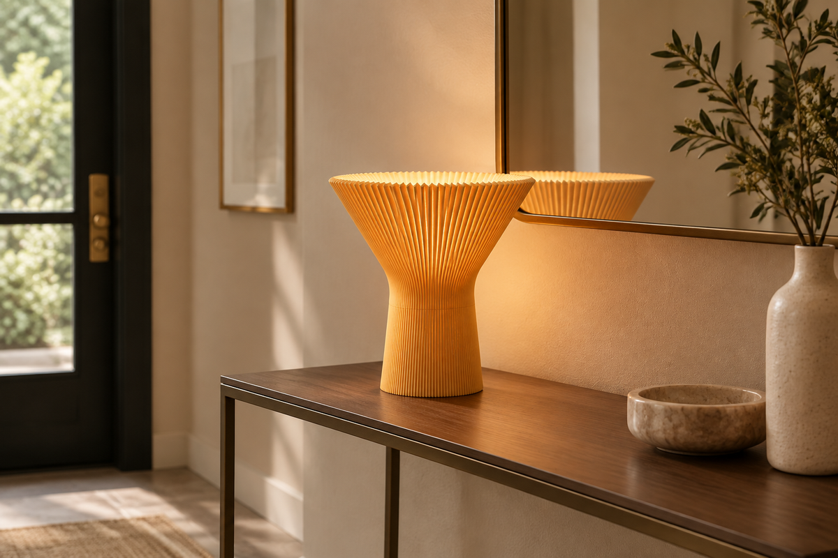 Gold pleated inverted funnel lamp on a minimalist entryway console.