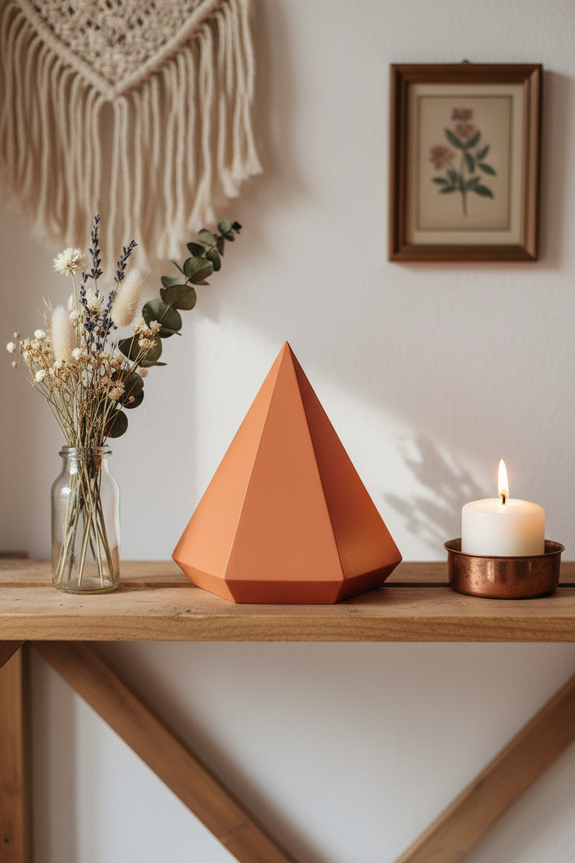 Terracotta orange geometric pyramid tray on wooden shelf with dried flowers and candle