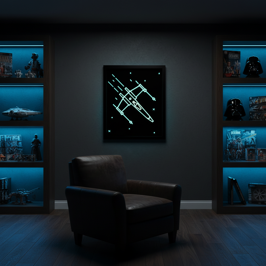 X-Wing neon line art shadow box on a dark home cinema wall with sci-fi collectibles and blue LED lighting