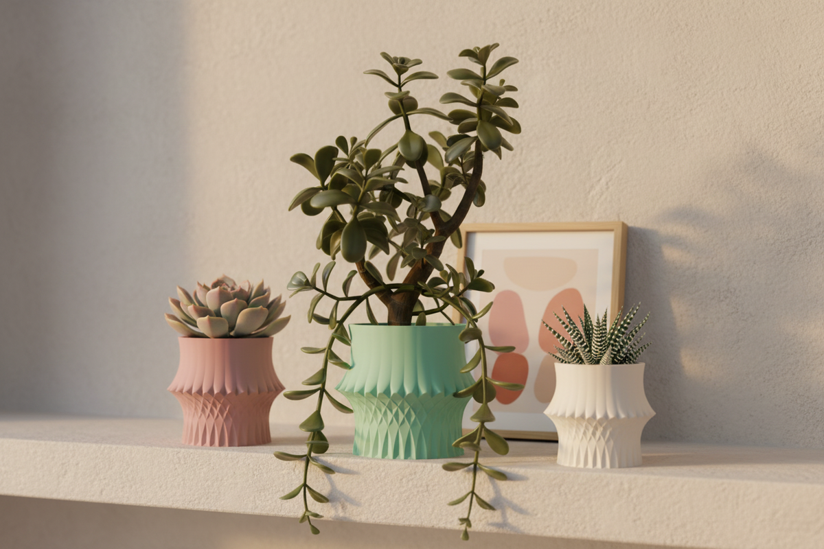 Three sculpted geometric desk planters in green pink and white on cream plaster shelf Scandinavian shelfie lifestyle