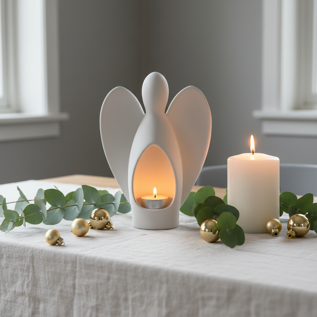 White angel as table centrepiece beside candle eucalyptus and gold baubles lifestyle