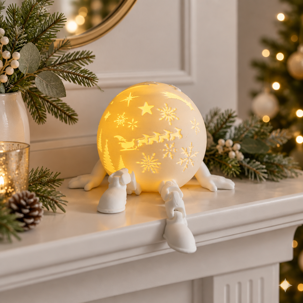 White globe-shaped tealight holder with stars, snowflakes, train detail and short legs styled on a Christmas mantel