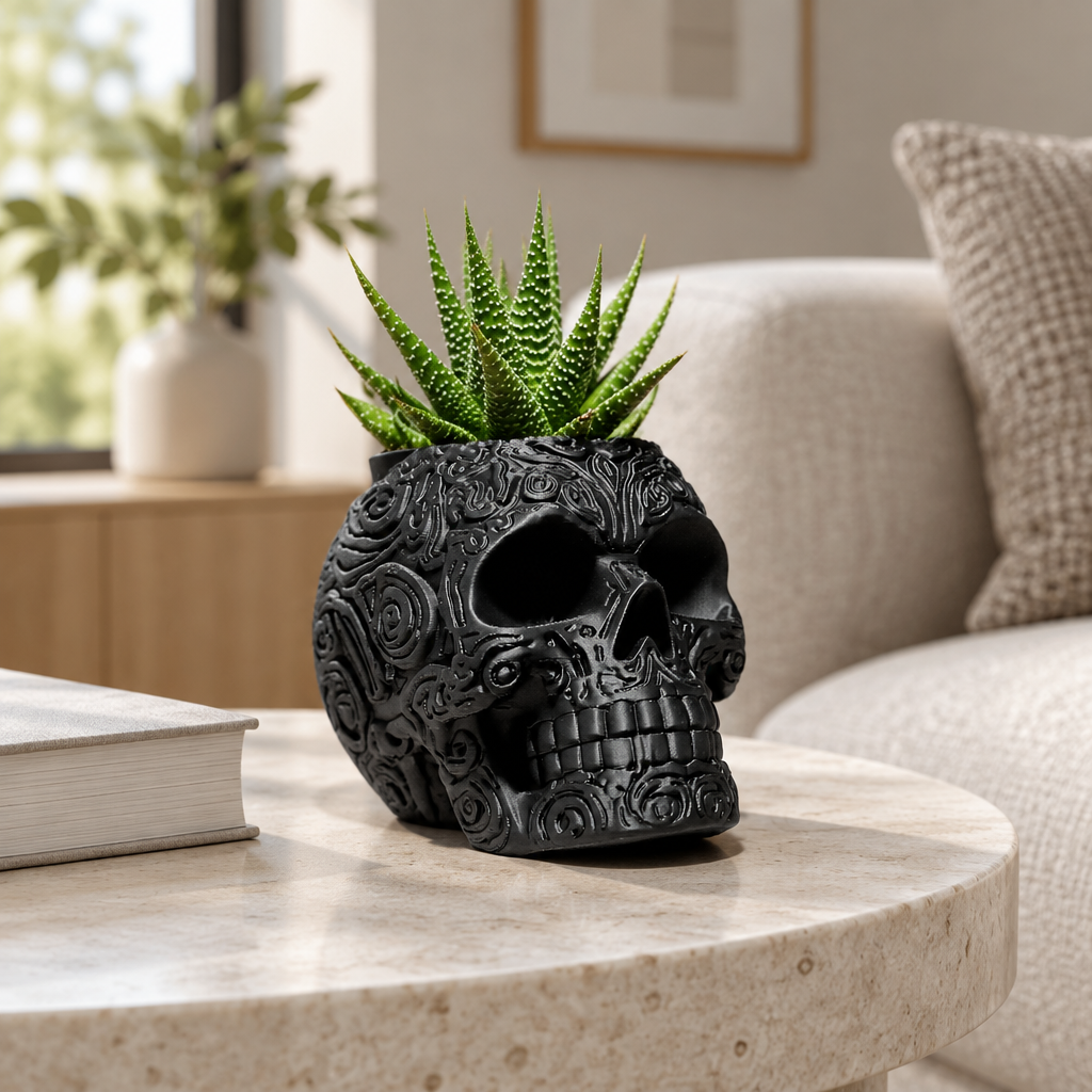 Black ornate skull planter with succulent on a pale stone side table