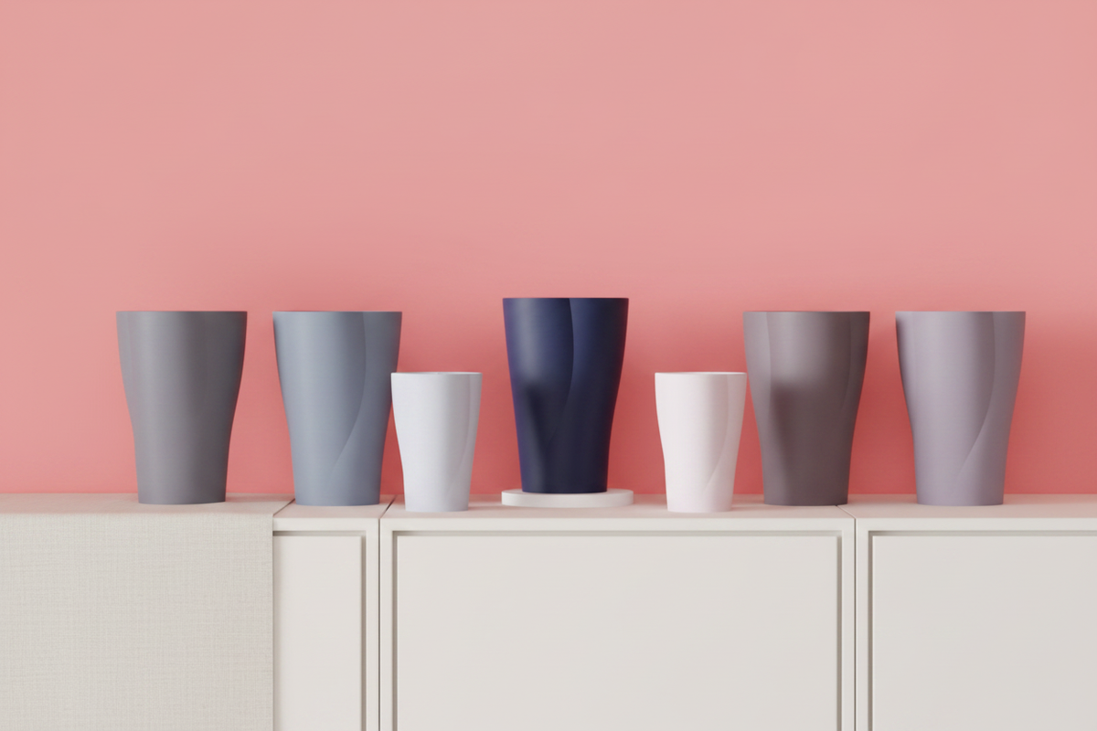 Five Elegant Modern Curve Vases purple orange beige pink grey white disc bases pale linen sideboard coral pink wall soft daylight wide editorial