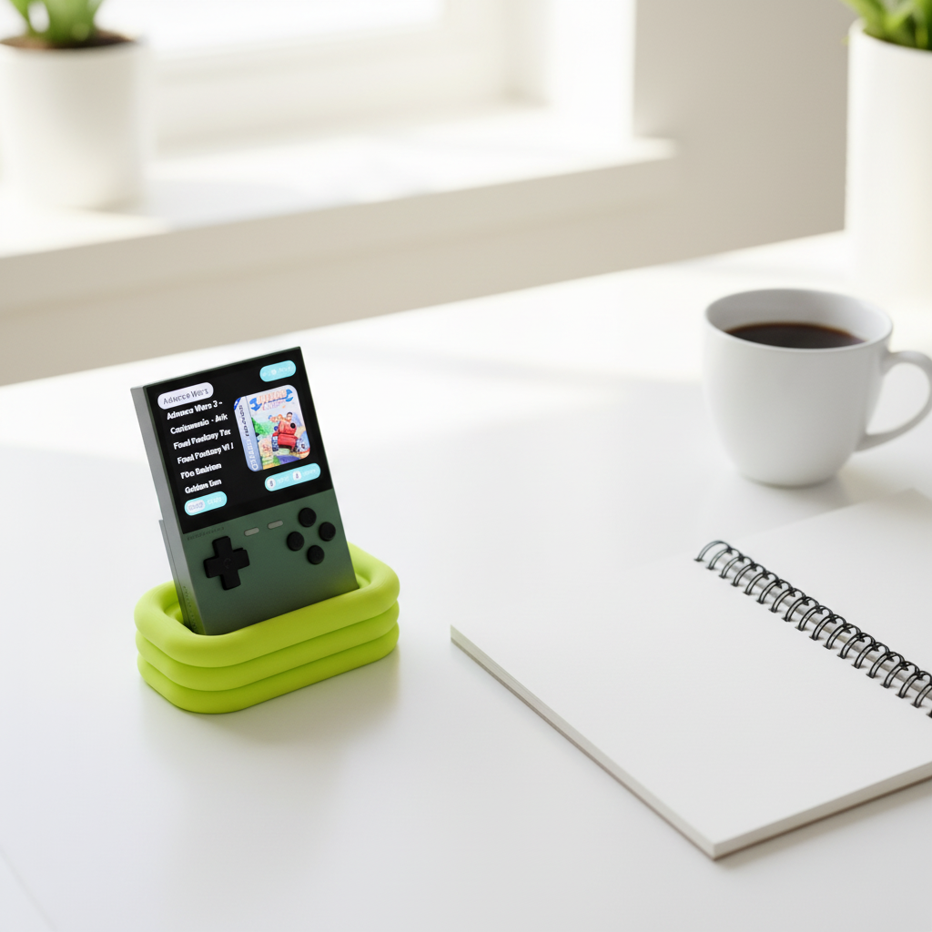 Trimui Brick Stand on white desk neon green