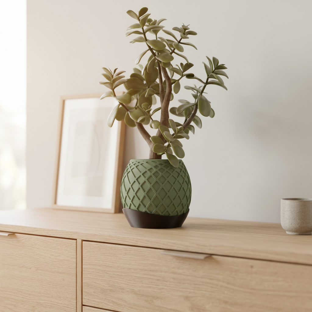 Sage green lattice planter on oak sideboard lifestyle