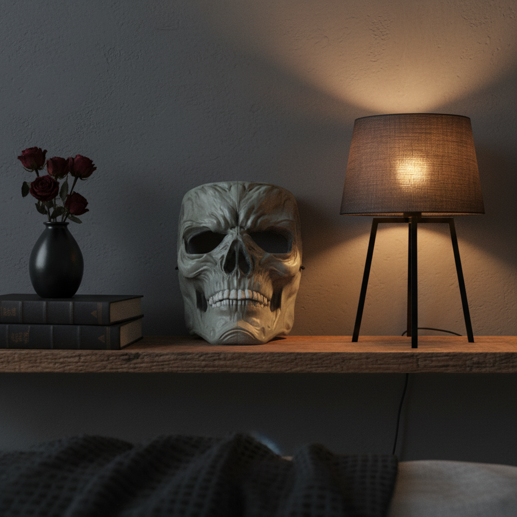 Gray gothic skull mask sculpture on a bedroom shelf