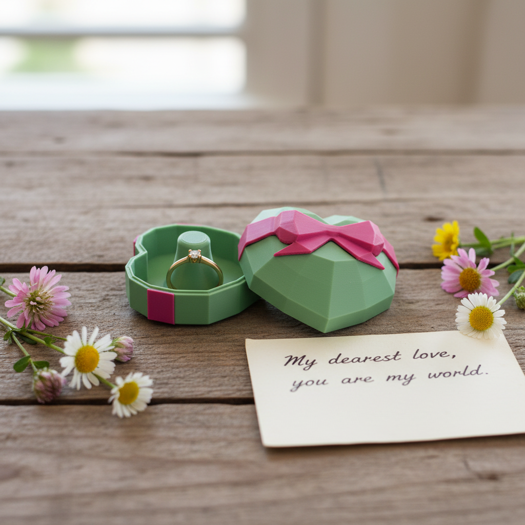 Heart-Shaped Ring Box in green — open with gold ring inside on rustic wooden table with wildflowers and love note