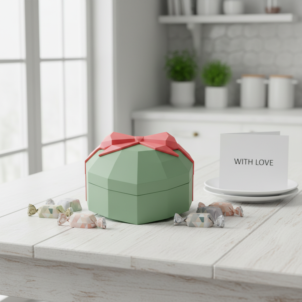 Low-Polygon Heart-Shaped Gift Box in green — on bright kitchen table with wrapped chocolates and greeting card