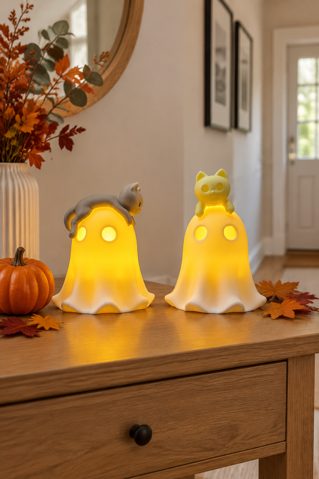 Two glowing ghost and cat holders on a bright hallway console with a small pumpkin and autumn leaves