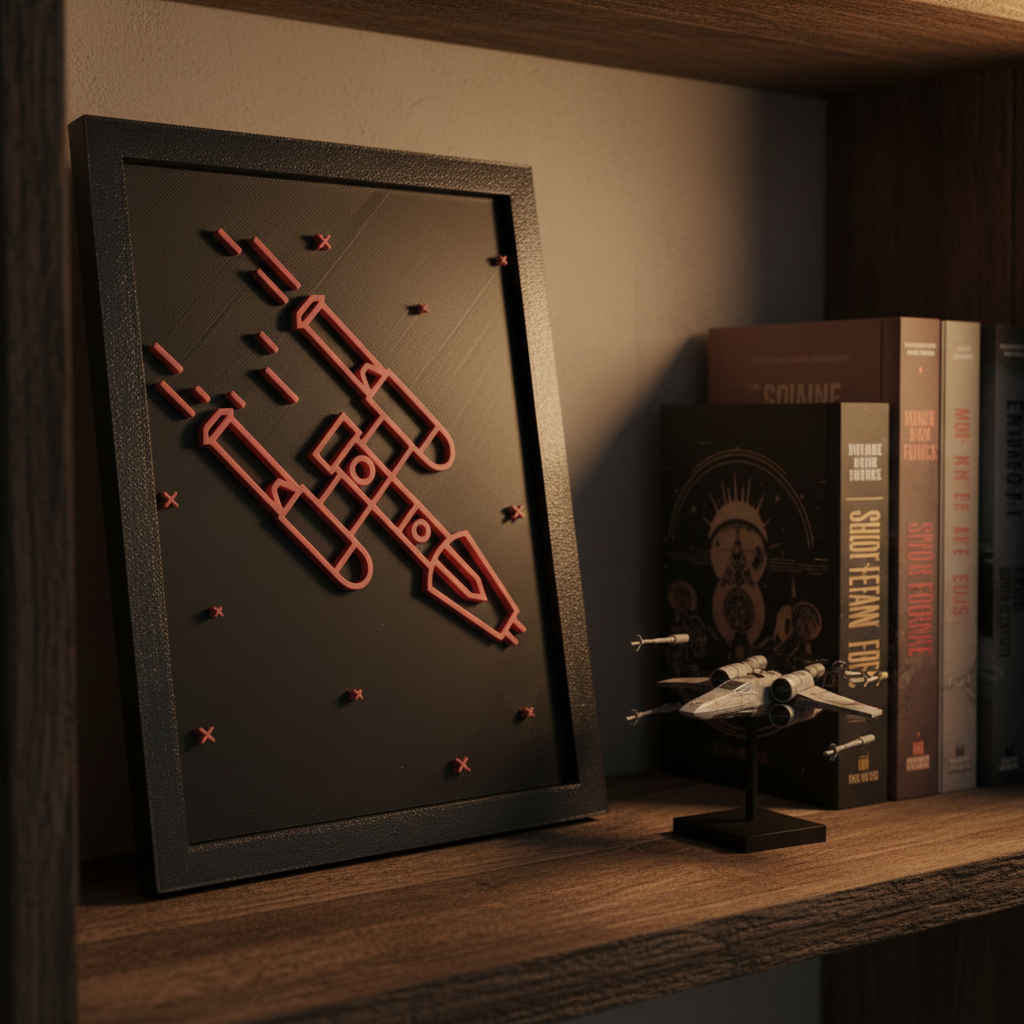 Y-Wing neon line art shadow box on a collector shelf beside sci-fi books and a starfighter model