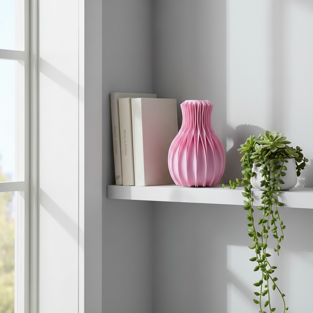Facetta vase on a minimalist white shelf with books and plants in Scandinavian interior