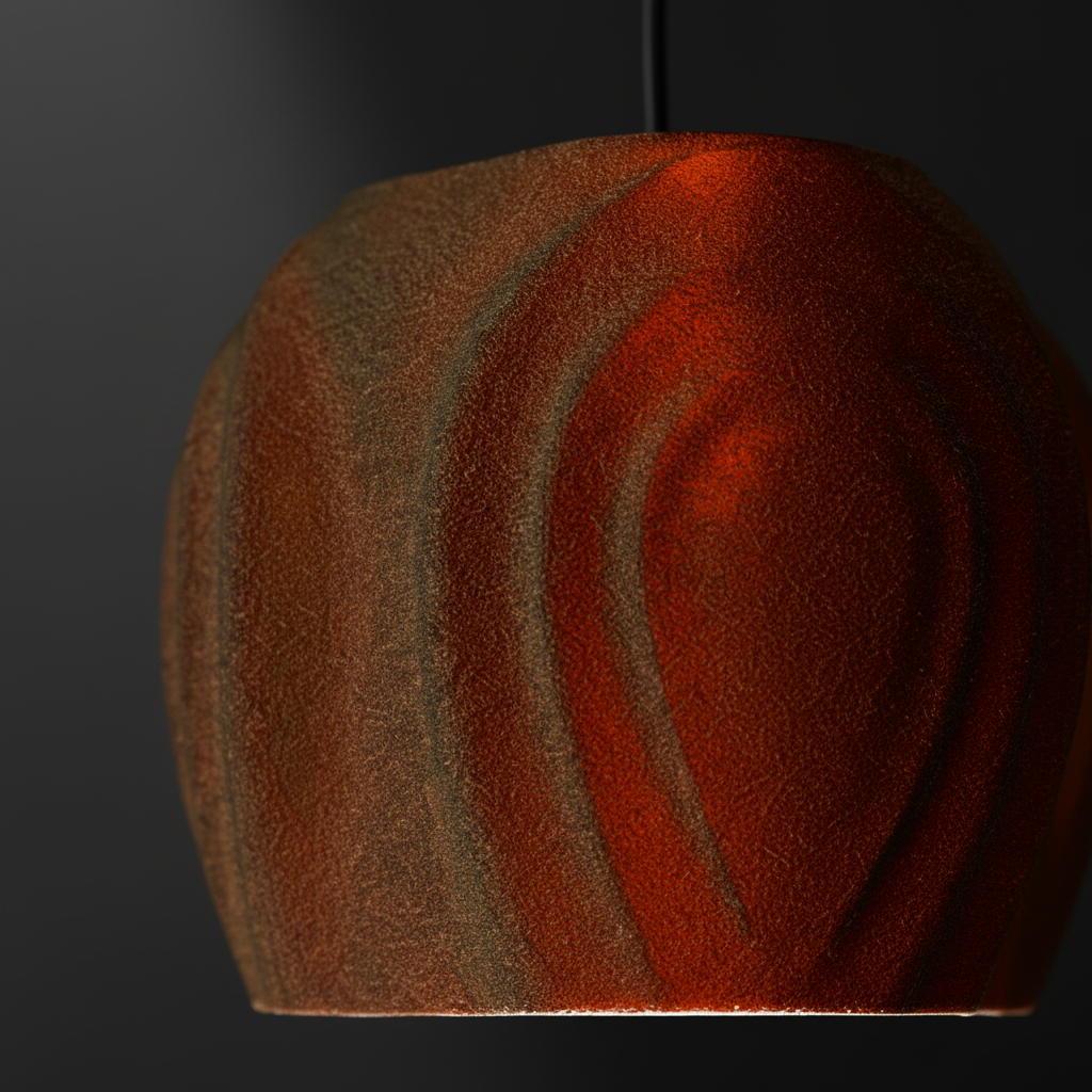 Close up macro detail of terracotta Tri Tear pendant shade showing three teardrop channel grooves dramatic side lighting