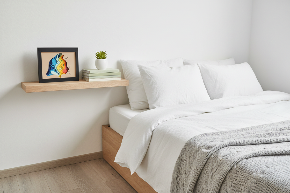Cat shadow box on a wooden shelf in a Scandinavian bedroom with white linen and a succulent