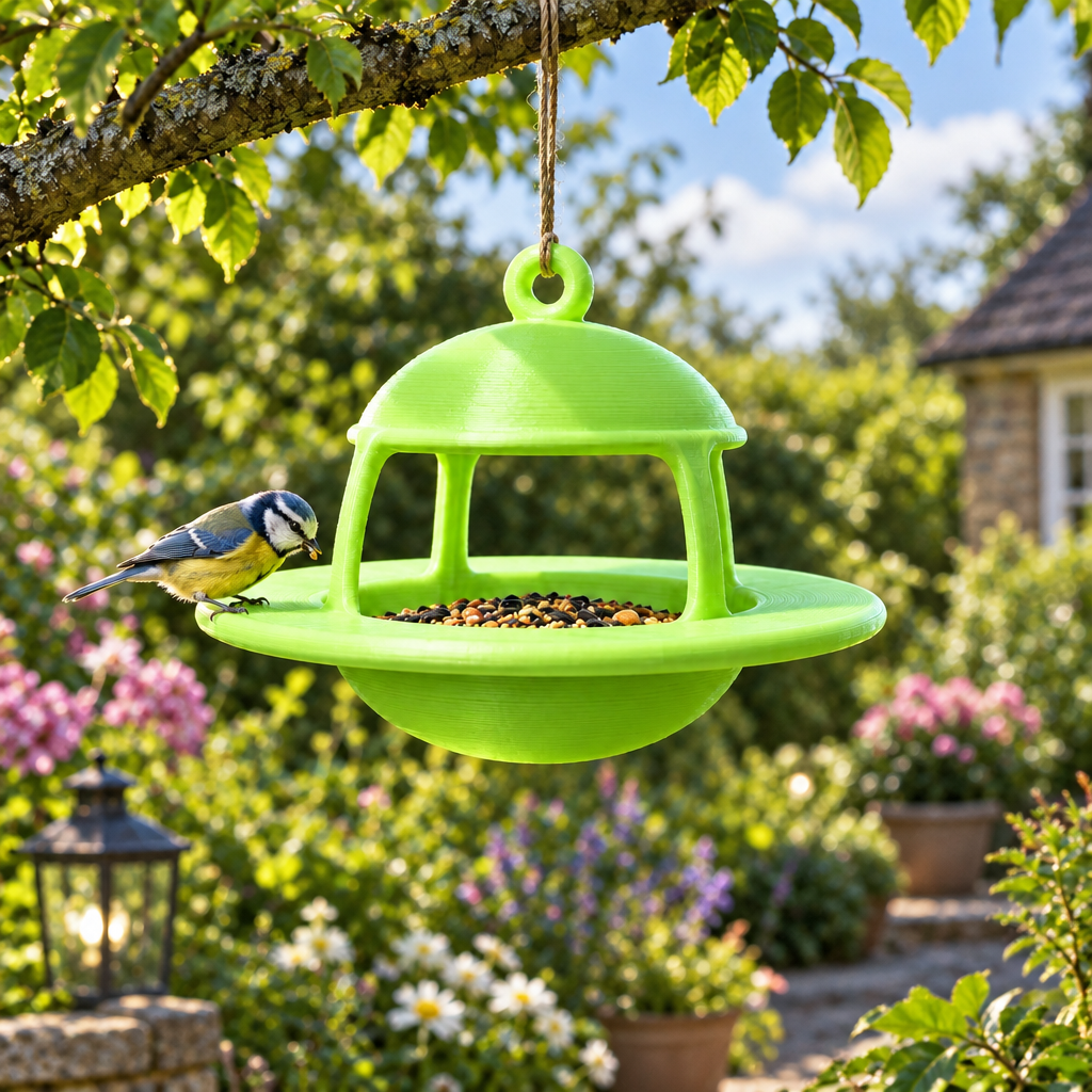 Green UFO bird feeder hanging in sunny garden