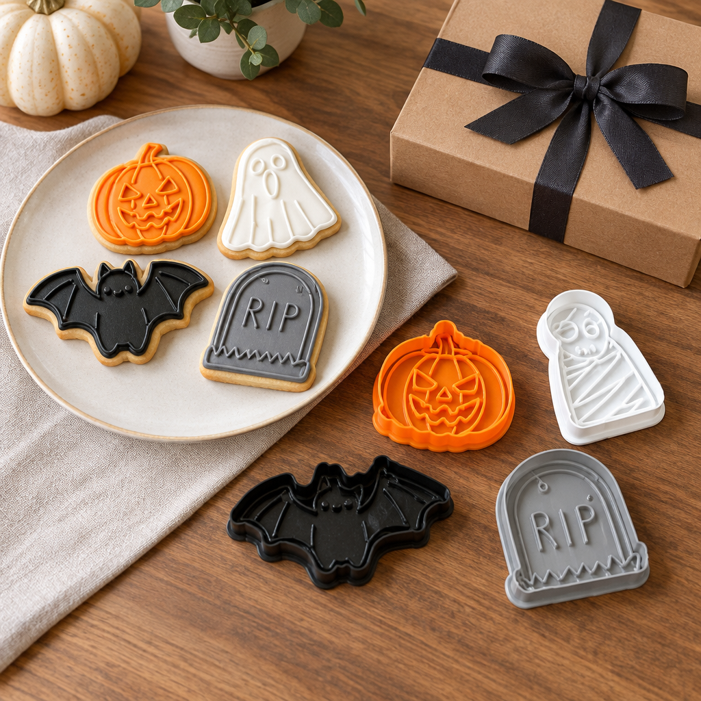 A gift-ready plate of Halloween cookies with the matching cutters on a kitchen table