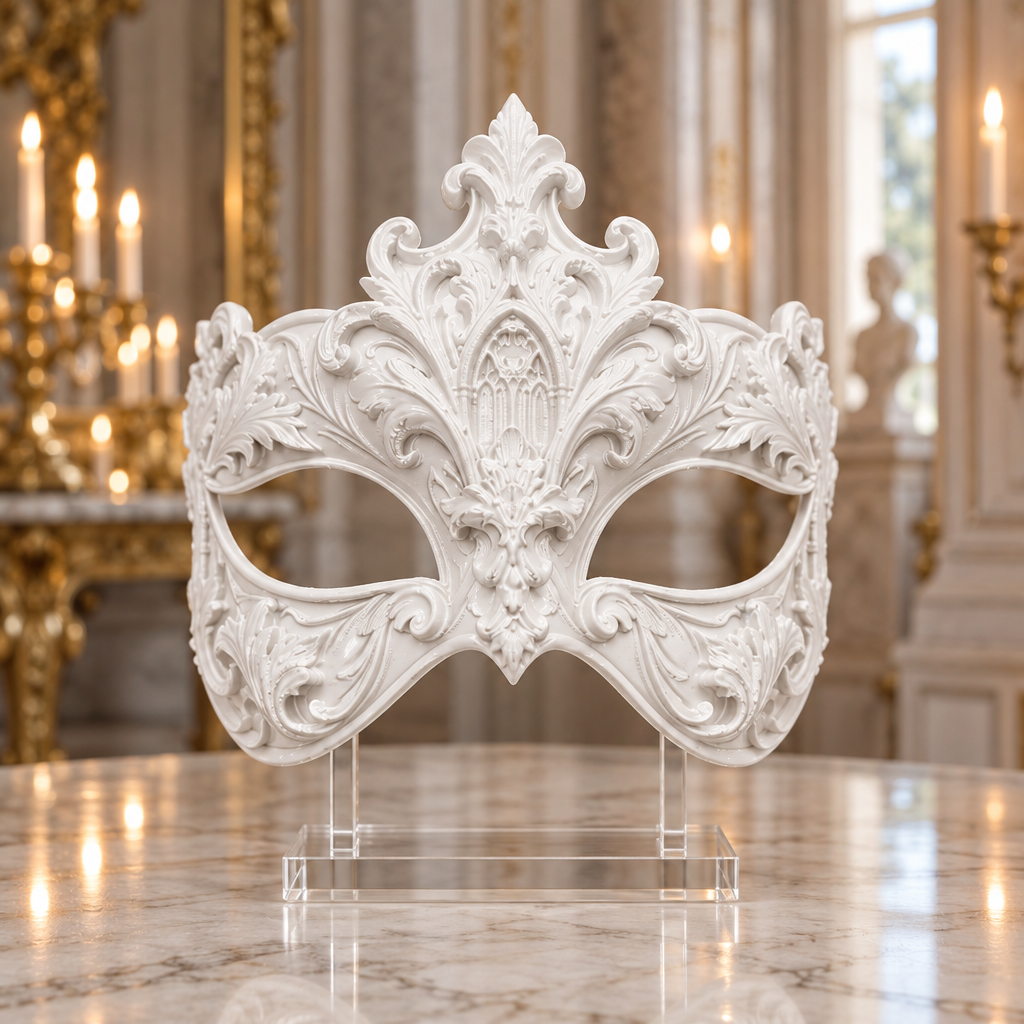 Ivory ornate masquerade mask displayed in a Venetian-inspired salon, no strap included