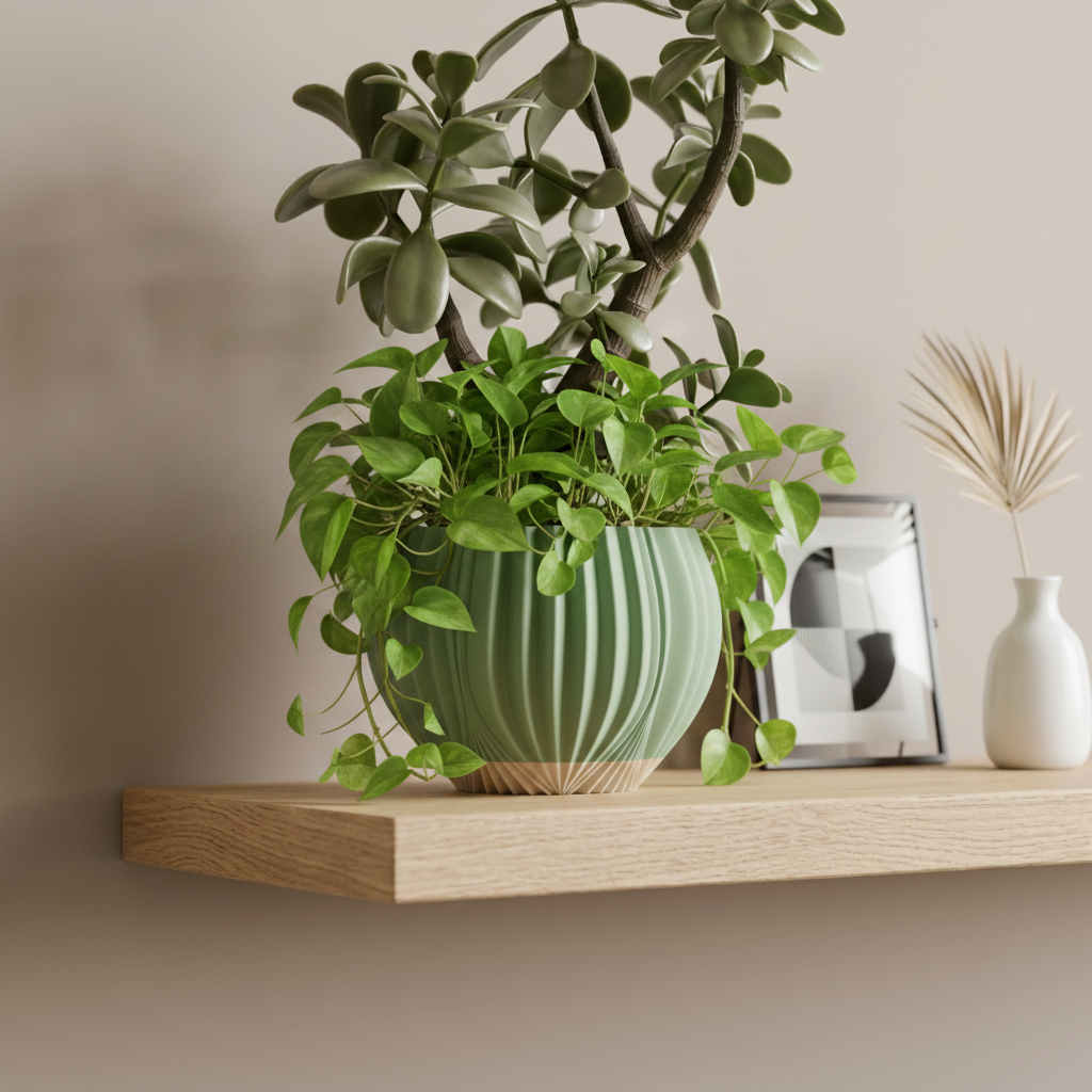 Sage green ripple planter on bright windowsill - lifestyle